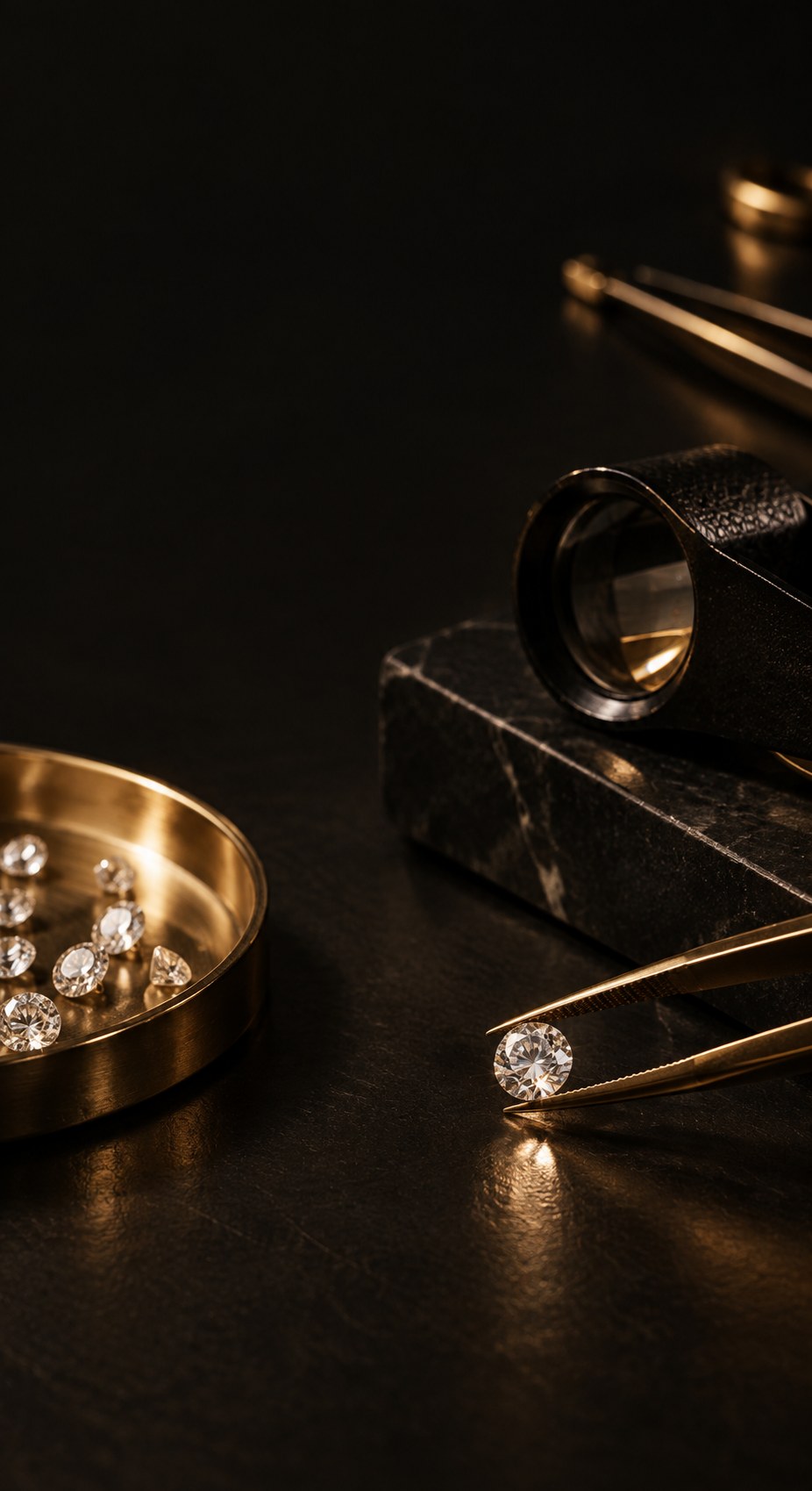 Jeweler examining a diamond with tweezers and a loupe